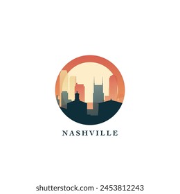 Paisaje urbano de Nashville, insignia de gradiente de Vector, logotipo plano del horizonte, ícono. EE.UU., la ciudad del estado de Tennessee redondeó la idea del emblema con Lugares famosos y siluetas de construcción. Gráfico abstracto aislado