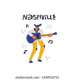 Nashville Country Singer With Guitar Vector Illustration. Male Rock Star On Music Festival Cartoon Character. Guitarist Playing Melody Scandinavian Style. Music Lover Textile, Poster Design Element