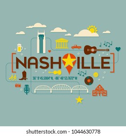 Nashville landmarks, attractions and text design with longitude and latitude. Flat icon style. For t-shirts, cards, banners, and posters.