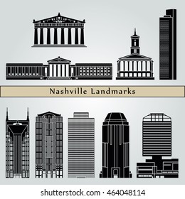 Nashville landmarks and monuments isolated on blue background in editable vector file