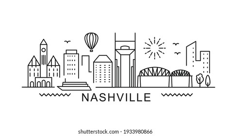 Nashville minimal style City Outline Skyline with Typographic. Vector cityscape with famous landmarks. Illustration for prints on bags, posters, cards. 