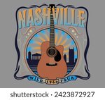 nashville music city vector design, retro vintage wester music artwork for t shirt, sticker, poster, graphic print, classics guitar vector with typography 