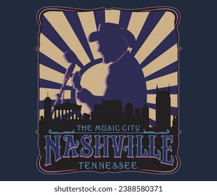 ilustración vectorial de la ciudad de nashville, festival de vaqueros, festival de música occidental, diseño musical retro vintage para camisetas, pegatinas, afiches, impresión gráfica, canto vectorial de vaqueros