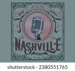 nashville music vintage typography design, american retro vintage music festival poster design, country music, vintage floral artwork for t shirt, sticker, poster, old microphone vector  