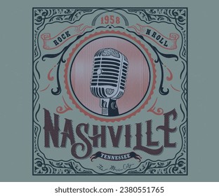 nashville music vintage typography design, american retro vintage music festival poster design, country music, vintage floral artwork for t shirt, sticker, poster, old microphone vector  