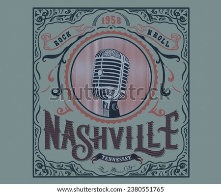 nashville music vintage typography design, american retro vintage music festival poster design, country music, vintage floral artwork for t shirt, sticker, poster, old microphone vector  