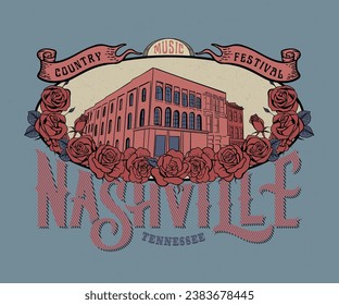 arte retro vintage de nashville, vector de la ciudad de nashville, diseño gráfico de la ciudad de la música, diseño de música country norteamericano para camiseta, pegatina, afiche, etiqueta 