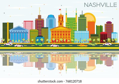 Nashville Skyline with Color Buildings, Blue Sky and Reflections. Vector Illustration. Business Travel and Tourism Concept with Modern Architecture. Image for Presentation Banner and Web Site.