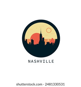 Nashville skyline, downtown panorama logo, logotype. USA, Tennessee state round badge contour, isolated vector vintage pictogram with monuments, landmarks