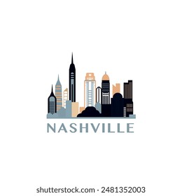 Nashville skyline, downtown panorama logo, logotype. USA, Tennessee state multicolor badge contour, isolated vector horizon pictogram with skyscrapers