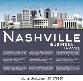 Nashville Skyline with Gray Buildings, Blue Sky and Copy Space. Vector Illustration. Business Travel and Tourism Concept with Modern Architecture. Image for Presentation Banner Placard and Web Site.