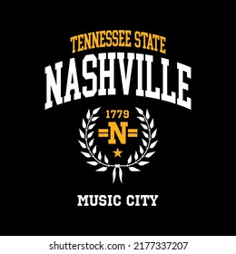 Nashville, Tennessee design for t-shirt. College tee shirt print. Typography graphics for sportswear and apparel. Vector illustration.