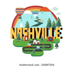 Nashville, Tennessee great destination to visit, vector cartoon