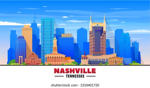 Nashville Tennessee skyline with panorama at sky background. Vector Illustration. Business travel and tourism concept with modern buildings. Image for banner or web site. 