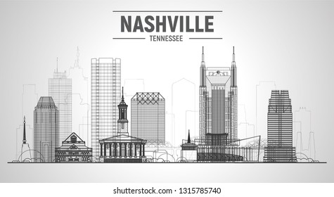 Nashville Tennessee skyline with panorama at white background. Vector Illustration. Business travel and tourism concept with modern buildings. Image for banner or web site