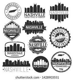 Nashville Tennessee USA. Skyline Vector Art Stamps. Silhouette Emblematic Buildings.