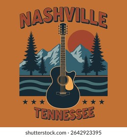 Nashville tennessee in USA. vintage t-shirt design. adventure mountain graphics . music city in nashville. guitter in tee graphics. mountain sunset graphics. autumn winter t-shirt design