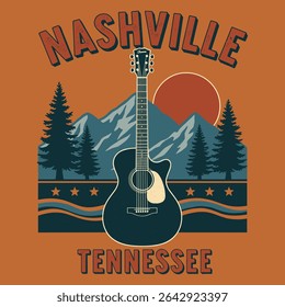 Nashville tennessee in USA. vintage t-shirt design. adventure mountain graphics . music city in nashville. guitter in tee graphics. mountain sunset graphics. autumn winter t-shirt design