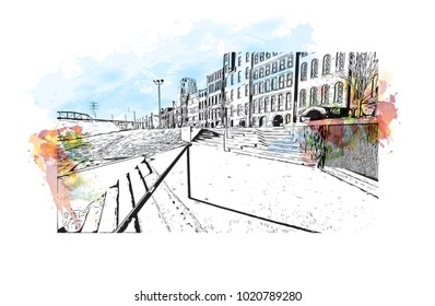 Nashville, Tennessee,USA. Watercolor splash with hand drawn sketch illustration in vector.