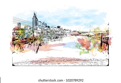 Nashville, Tennessee,USA. Watercolor splash with hand drawn sketch illustration in vector.