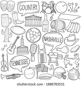 Nashville, TN, USA doodle icon set. American Traditional Folk Music Tools Vector illustration collection. Culture United States Hand drawn Line art style.