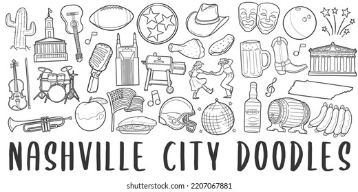 Nashville, TN, USA Doodle Icons. Hand Made Line Art. Culture Clipart Logotype Symbol Design.