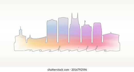 Nashville, TN, USA Skyline Watercolor City Illustration. Famous Buildings Silhouette Hand Drawn Doodle Art. Vector Landmark Sketch Drawing.