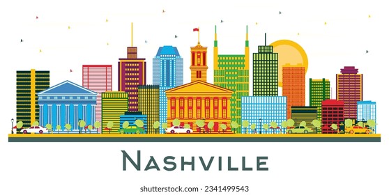 Nashville USA city Skyline with Color Buildings isolated on white. Vector Illustration. Business Travel and Tourism Concept with Modern Architecture. Nashville cityscape with landmarks.