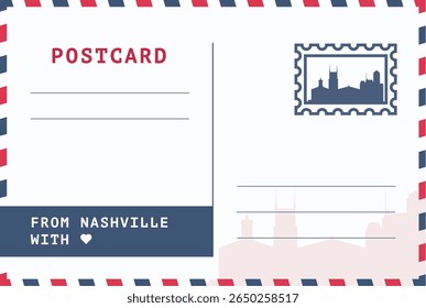De Nashville, modelo de cartão postal dos EUA. Ilustração de cartão-postal vetorial com carimbo, ponto de referência, mensagem. Layout de imagem simples de saudações simples