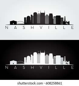 Nashville USA skyline and landmarks silhouette, black and white design, vector illustration. 