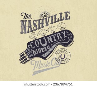 diseño de afiches de música vintage de nashville, arte de tipografía de música country para camisetas, pegatinas, afiches, impresión gráfica, trozo viejo, tipografía de guitarra 