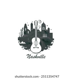 Nashville watercolor cityscape skyline city, panorama vector banner, logo. USA, Tennessee state image with houses and facade silhouettes. Isolated american graphic