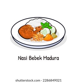 Nasi bebek o arroz con pato frito picante con sambal negro comida tradicional de la isla Madura Indonesia