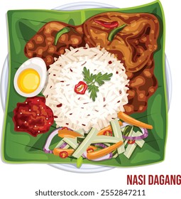 Nasi Dagang Servido en Hoja de Plátano. Arroz al vapor, curry de pescado, salsa de chile, huevo duro hervido y verduras en escabeche. Vista superior Ilustración detallada de cocina tradicional malaya.