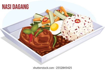 Nasi Dagang Served in Tray. Steamed Rice, Spicy Fish Curry, Boiled Egg and Pickled Vegetables. Authentic Malaysian Dish Detailed Illustration