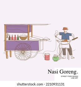 Nasi Goreng Verkäufer, der Reis auf seinem Ofen gebraten hat, indonesische Street Food Vendors Cartoon Line Art Vector Illustration Template