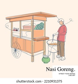 Nasi Goreng Verkäufer, der Reis für seinen Kunden, indonesische Street Food Vendors Cartoon Line Art Vector Illustration Vorlage frittiert