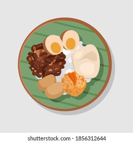 Nasi Gudeg Krecek, traditional Food From Yogyakarta Indonesia, Made From Jake fruit served with chicken meat,  cattle skin spicy stew dish, marinated egg and tofu