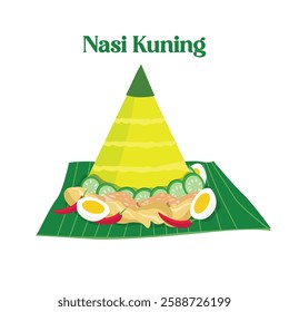 Nasi Kuning yellow rice, Indonesia traditional food woth topping chicken, egg, tempeh