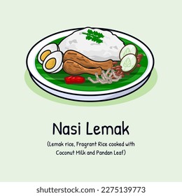 Nasi lemak or coconut milk rice with sambal fried crispy anchovies toasted peanuts and cucumber traditional malaysia food good taste