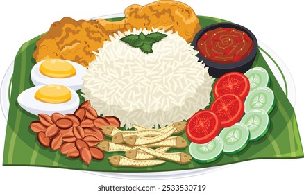 Nasi Lemak Side View. Rice, Fried Chicken, Anchovies, Peanuts, Eggs, Cucumbers, Tomatoes and Sambal on Banana Leaf in Plate. Authentic Malaysian Cuisine 