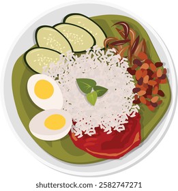 Nasi lemak is a traditional Malaysian dish known for its fragrant coconut rice, served with sambal (spicy chili paste), crispy anchovies, roasted peanuts, boiled or fried egg, and cucumber slices.