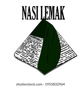 Nasi lemak vector illustration wrapped in banana leaf, clean flat design, traditional Malaysian food icon, simple hand drawn style, isolated on white background, perfect for logo, menu, poster and branding use.