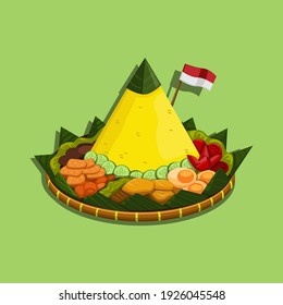 Nasi tumpeng is an Indonesian cone-shaped rice dish with side dishes of vegetables and meat originating from Javanese cuisine of Indonesia. cartoon illustration vector