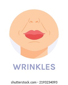 Nasolabial Facial Wrinkles. Skin Problem. Marionette Wrinkles Near the Lips. Female Nose Chin and Neck. Color Cartoon Fashion style. White background. Vector image for Beauty and Cosmetic Design.