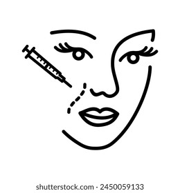 Nasolabial folds icon in vector, illustration of a woman with age-related changes on her face.  Wrinkles reducing. laser cosmetology. Contour symbol. Vector isolated outline drawing. 