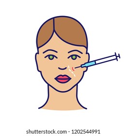 Nasolabial folds neurotoxin injection color icon. Anti wrinkle injection. Smile wrinkles reducing. Cosmetic procedure. Facial rejuvenation. Isolated vector illustration