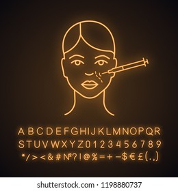 Nasolabial folds neurotoxin injection neon light icon. Anti wrinkle injection. Smile wrinkles reducing. Facial rejuvenation. Glowing sign with alphabet, numbers, symbols. Vector isolated illustration
