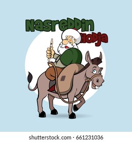 Nasreddin Hodja riding his donkey, vector character illustration