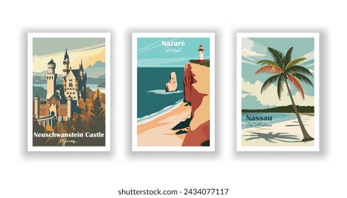 Nassau, The Bahamas. Nazaré, Portugal. Neuschwanstein Castle, Germany - Set of 3 Vintage Travel Posters. Vector illustration. High Quality Prints